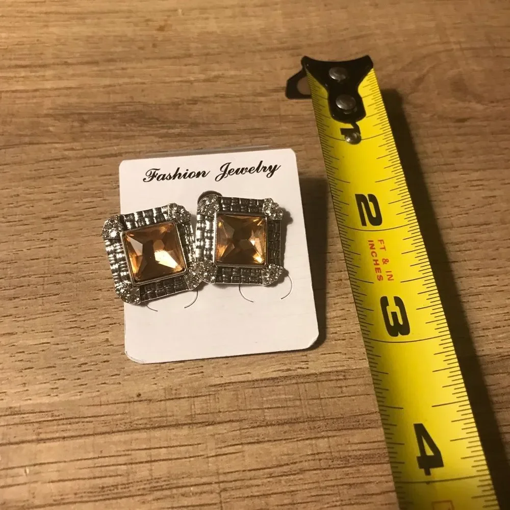 Vintage Silver Plated Gemstone Square Champagne Earrings